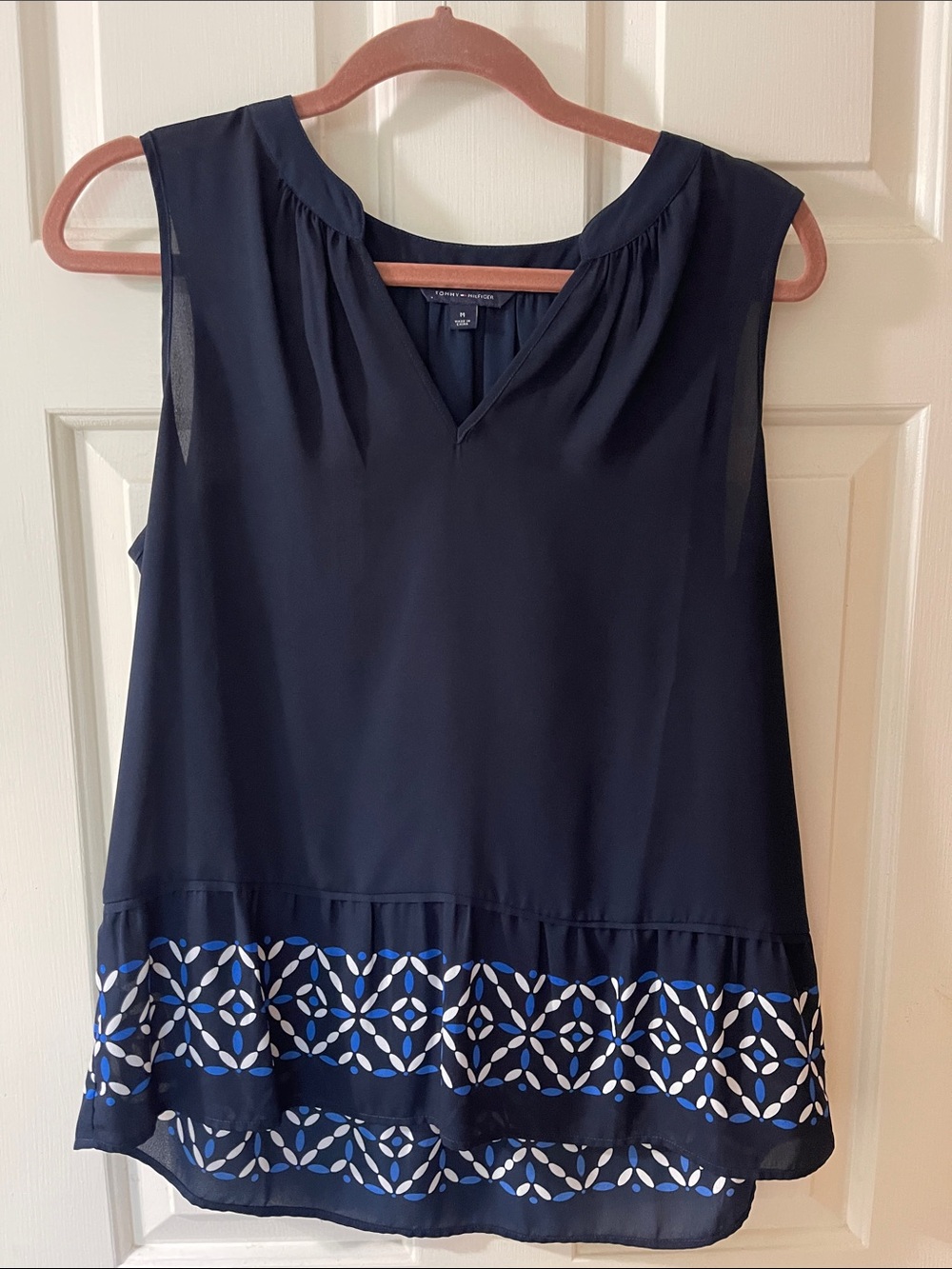 Tommy Hilfiger Navy Sleeveless Camisole with Blue & White Geometric Hem